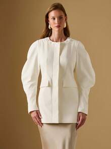 Briarwyn Women's Solid Color Round Neck Long Sleeve Fashionable Elegant Regular Jacket In Fall/Winter,Fall For Women, New Year Old Money Style - Cream - View 5