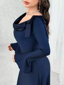 Modelyn 女士优雅圆领长袖束腰连衣裙 - Butter Yellow - 查看 3