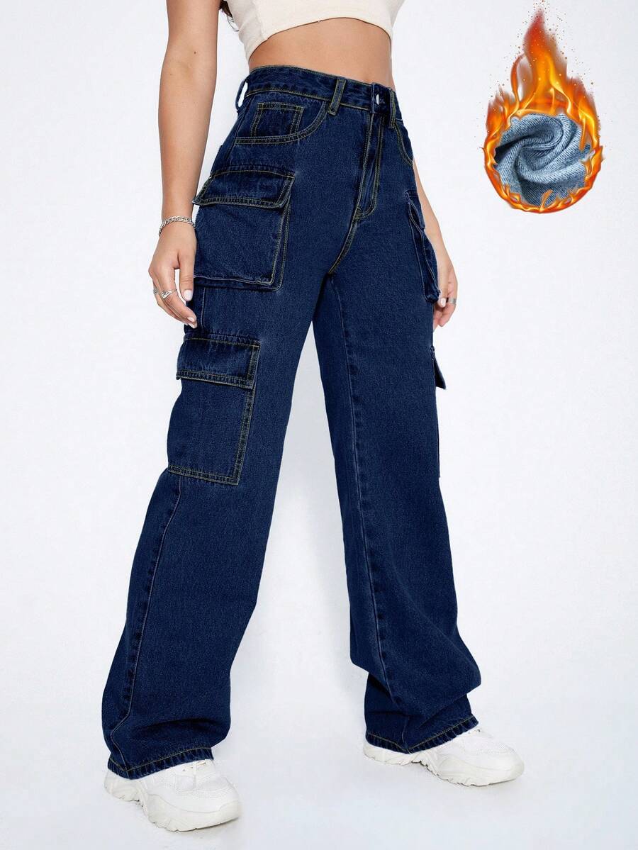 SHEIN ICON Y2k 黑色高腰翻盖口袋工装拉绒面料保暖牛仔裤加厚牛仔布 - 深色水洗藍 - 查看 1