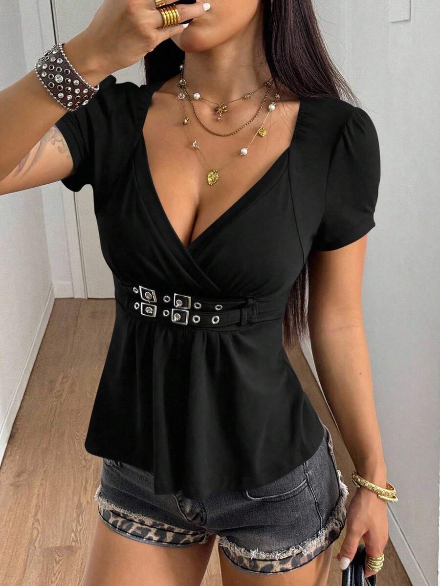 StreetHx Áo thun tay ngắn bo eo màu trơn cho nữ, mùa hè - màu đen - Xem 1