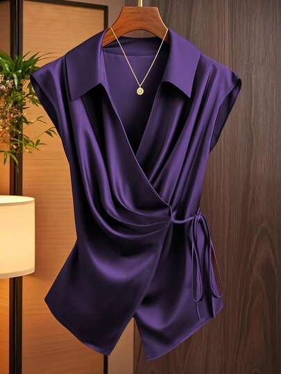 GlowEve Women's Collared Pleated Tie-Front Sleeveless Blouse With Bowknot