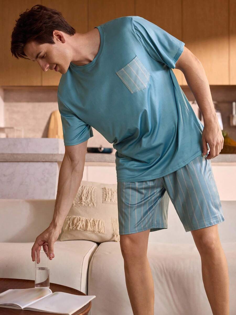 Men's Round Neck Striped Short Sleeve Casual Pajama Set, Summer - Multicolor - View 1