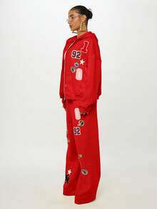 SUMWON WOMEN Varsity Badge Sweatshirt Zip Up Hoodie Patchwork Applique Jersey Numbers Letter Patches Casual Streetwear Fall Winter Loungewear - Red - View 4