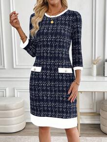 EMERY ROSE Váy vải tuýt thanh lịch tay 3/4 thời trang dành cho nữ - Xanh đậm - Xem 1