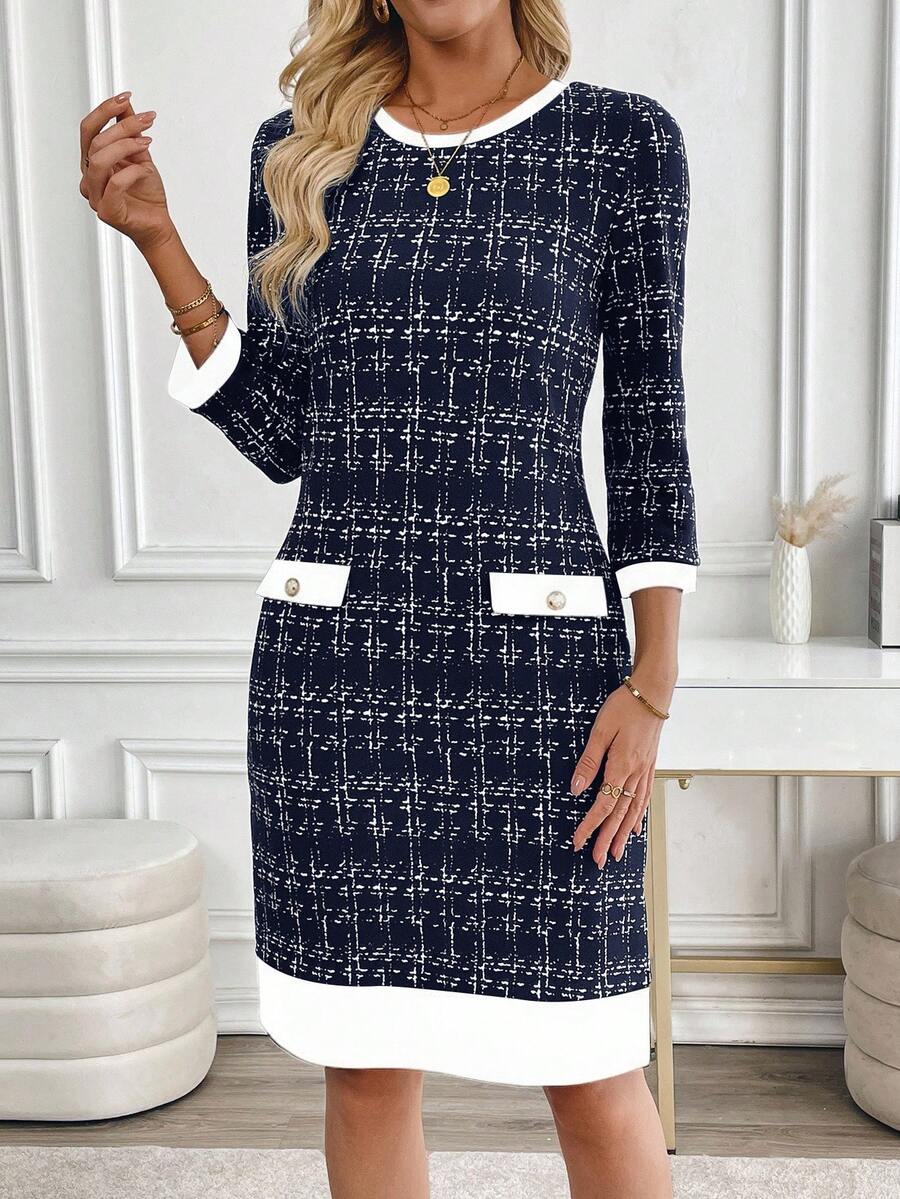 EMERY ROSE Váy vải tuýt thanh lịch tay 3/4 thời trang dành cho nữ - Xanh đậm - Xem 1