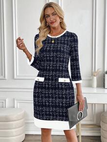 EMERY ROSE Váy vải tuýt thanh lịch tay 3/4 thời trang dành cho nữ - Xanh đậm - Xem 4