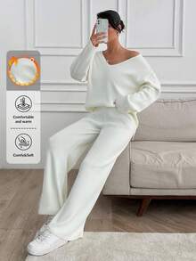 SHEIN Tall 高个女款V领宽松毛衣和针织裤套装