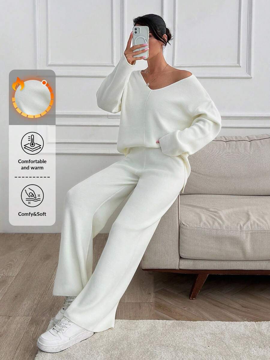 SHEIN Tall 高个女款V领宽松毛衣和针织裤套装