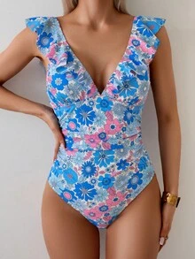 Swim Vcay 女士碎花荷叶边系带连体泳衣，适合度假和海滩穿着 - 彩色 - 查看 3