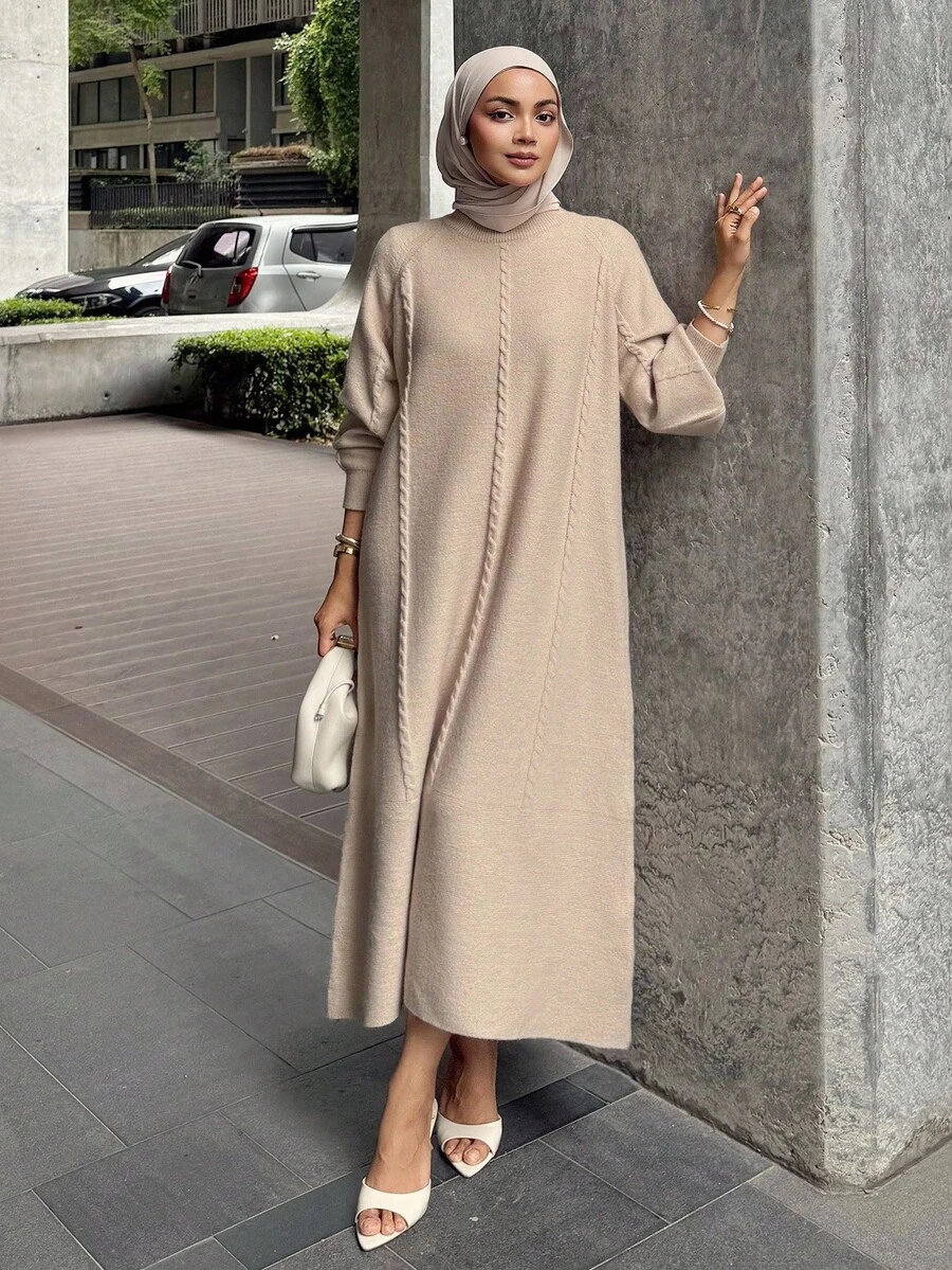 DAZY Đầm dệt kim dáng rộng thoải mái dành cho nữ, cổ tròn, tay dài raglan, phù hợp cho mùa thu/đông, kiểu dáng kín đáo. - Màu be - Xem 1