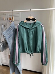 Comfortcana Chaqueta con capucha con cremallera, parches y rayas para mujer talla grande, otoño