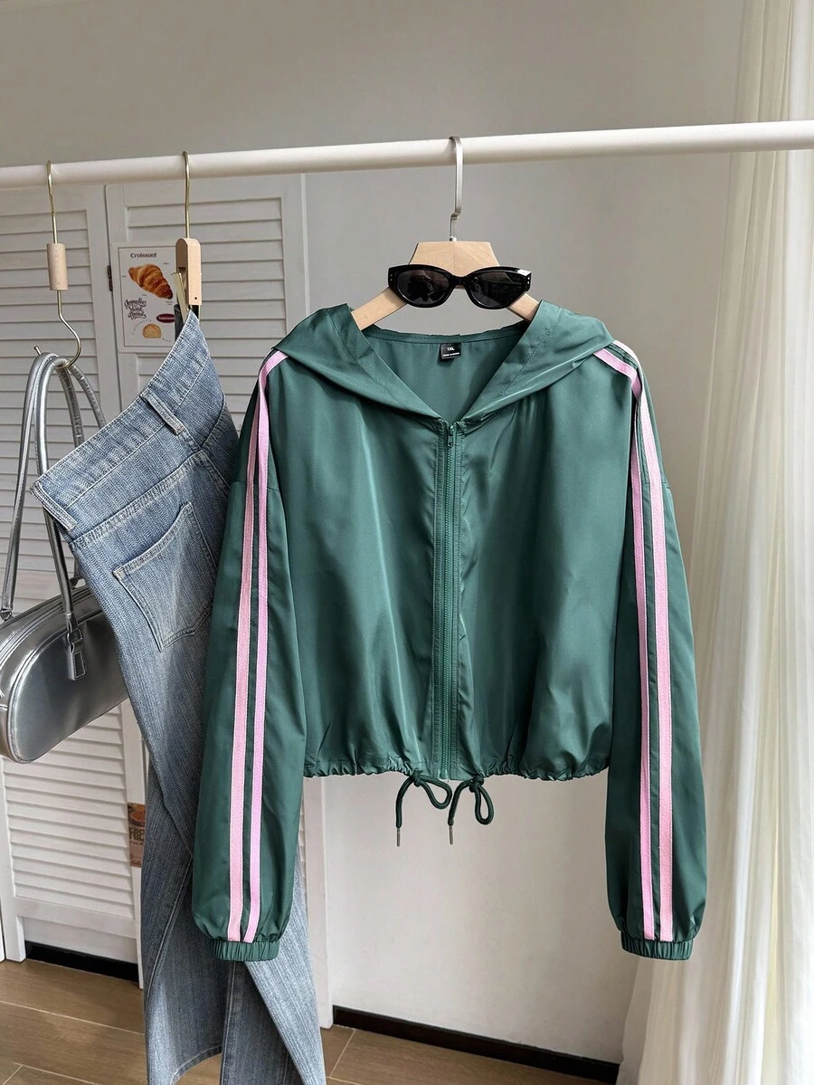 Comfortcana Áo khoác trùm đầu có mũ trùm đầu bằng vải sọc vá ruy băng cỡ lớn dành cho nữ, mùa thu - màu xanh lá - Xem 1