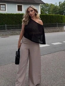 Siren Gaze Women's Solid Color Asymmetrical Neck Batwing Sleeve Fashionable Blouse, Summer