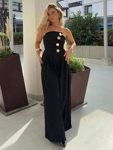 Siren Gaze Women's Solid Color Off-The-Shoulder Metal Button Ruched Elegant Jumpsuit, Sexy Elegant Commuter Wide-Leg Pants, Spring/Summer Clothing, Commuting, Elegant, Sexy, Music Festivals, Romantic, Dating, Parties, Wedding Season, Graduation Outfit, Graduation Prom, Performance Costume, Concert, Work Attire