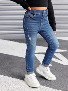 SHEIN بنطلون جينز أزرق مهترئ للفتيات الصغيرات، أنيق للفتيات في ، للفتيات في الخريف والشتاء - أزرق متوسط - مشاهدة 3