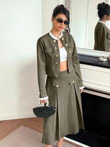 Franclia Damen Herbst/Winter elegantes romantisches Zweiteiler-Outfit mit rundem Ausschnitt, Metallknopf-Dekor, plissierter Rüsche, Patchwork, elastischem Bund und A-Linien-Rock für Universität und Herbst - Verschiedenfarbig - Übersicht 4