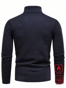 Calvornis Men's Thermal Lined Solid Color Turtleneck Pleated Long Sleeve Sweater, Fashionable For Autumn/Winter - Navy Blue - View 2