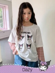 DAZY HELLO KITTY AND FRIENDS | SHEIN 少女卡通图案圆领长袖针织T恤 - 彩色 - 查看 1