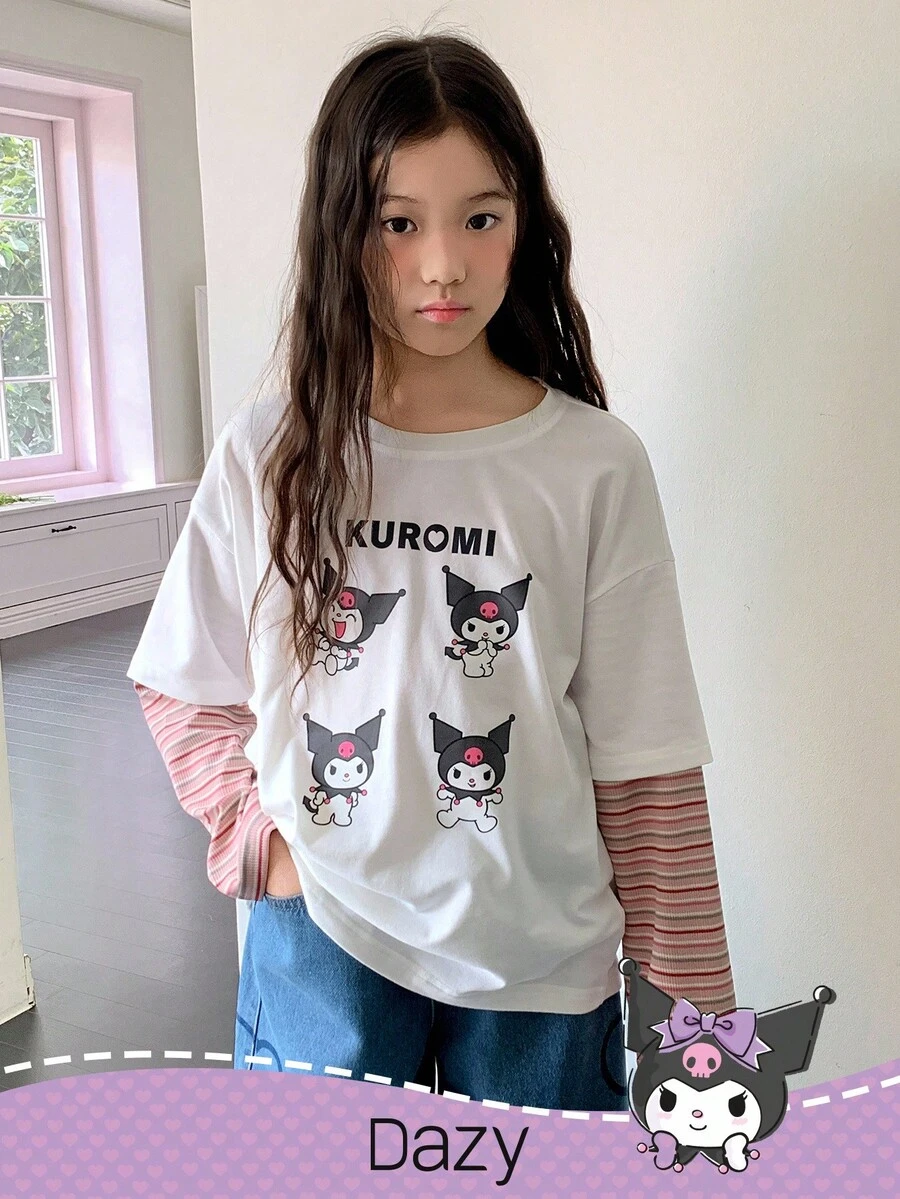 DAZY HELLO KITTY AND FRIENDS | SHEIN 少女卡通图案圆领长袖针织T恤 - 彩色 - 查看 1