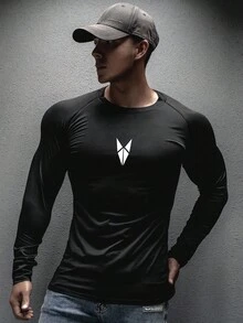 Gym Rark Men's Slim Fit Geometric Print Long Sleeve Athletic T-Shirt Spandex Shirts Men Compression Tops Compression Long Sleeve Men Compression Shirts Compression Top Compression Shirt Men - Black - View 5