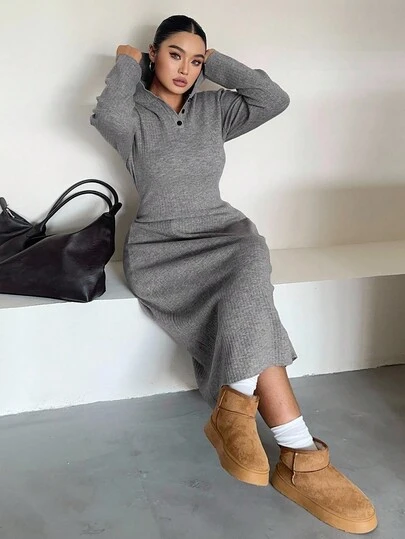 Dazy Plus 大码女式纯色修身半拉链连帽优雅长袖超长毛衣裙，秋冬