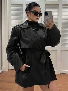 Dazy Plus 大码女士优雅PU皮夹克，翻领系腰设计，秋冬女式外套 - 黑色 - 查看 1
