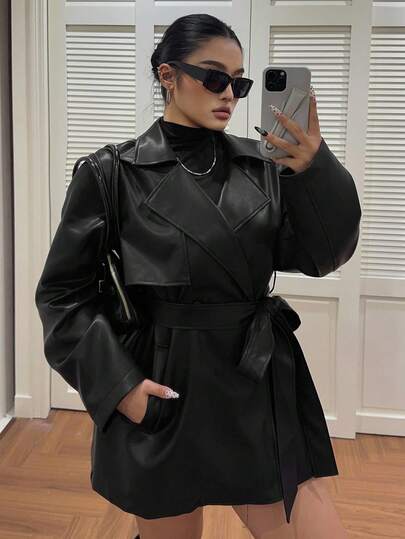 Dazy Plus Plus Size Women Elegant PU Leather Jacket With Turndown Collar And Tie Waist, Autumn/Winter Women Coats