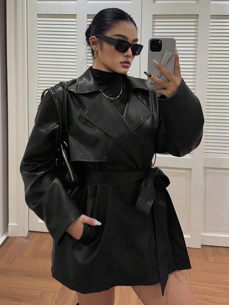 Dazy Plus Plus Size Women Elegant PU Leather Jacket With Turndown Collar And Tie Waist, Autumn/Winter Women Coats