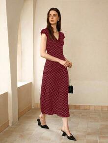 Cévolie Polka Dot Fitted V-Neck Lace Patchwork Women's Long Dresses - Red - View 4