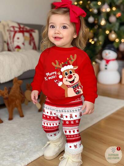 SHEIN Baby Girl Cute & Funny Christmas Reindeer, Fair Isle Pattern, Christmas Red, Festive, Soft Thick Crew Neck Long Sleeve Sweatshirt And Leggings Set, Suitable For Autumn/Winter Christmas Baby Girl Christmas Outfits Baby Girl Christmas Pajama Toddler Christmas Pajamas Toddler Long Sleeve Christmas Outfit Toddler Girl Christmas Outfit