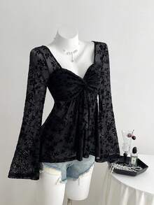 Elamini Camiseta de manga larga con cuello en V, ajustada, con estampado floral y efecto flockado, de estilo sexy y casual, versátil para el otoño - Negro - Ver 4