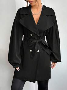 SHEIN EZwear 秋季大码休闲纯色双排扣风衣 - 黑色 - 查看 4