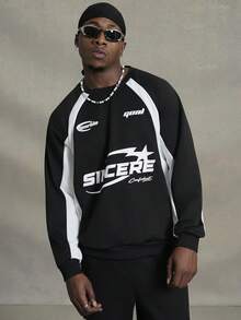 PAVTROS 男士拼色休闲圆领长袖套头运动衫，返校外出街头装图案运动衫，适合送给朋友、丈夫、男朋友的礼物 - 黑色 - 查看 5