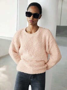 SHEIN LUNE 女士纯色圆领落肩长袖休闲宽松毛衣，秋冬 - 杏色 - 查看 4