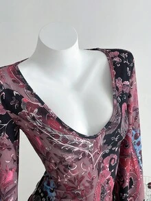 Elamini 1 chiếc váy len ngắn cho nữ, nhiều màu sắc, họa tiết hoa hạt điều bohemian, tay dài, mặc thường ngày/đi làm hàng ngày - Nhiều màu - Xem 3