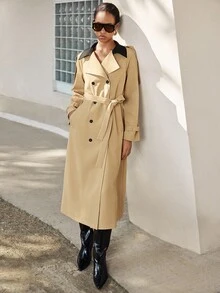 Lumivelle 女士时尚英伦风格撞色领扣长款风衣 - 卡其色 - 查看 5