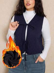 Elaquor Plus Size Dark Blue Denim Quilted Vest Jacket Winter Thermal Lined Jacket Casual Warm Wear Bow Tie Casual Jacket - Dark Wash - View 1