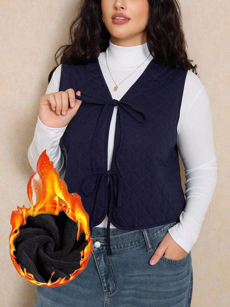 Elaquor Plus Size Dark Blue Denim Quilted Vest Jacket Winter Thermal Lined Jacket Casual Warm Wear Bow Tie Casual Jacket - Dark Wash - View 1