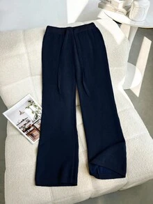 Franclia Quần ống rộng ống đứng lưng cao có dây rút mới dành cho nữ, quần dệt kim dày lót nhiệt - Màu xanh hải quân - Xem 2