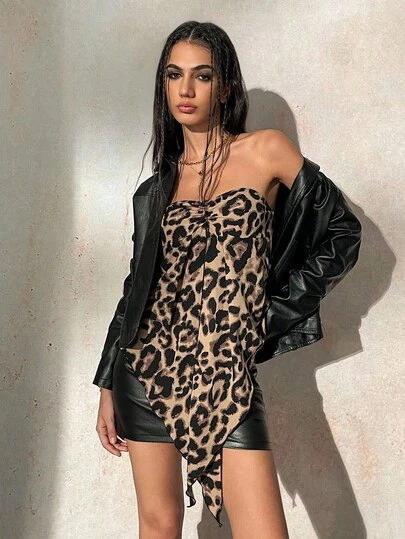 Ardnt Sexy Leopard Print Asymmetric Hem Stylish Chic Streetwear Blouse For Women