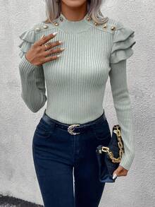 SHEIN LUNE Women's Solid Color Stand Collar Patchwork Ruffle Shoulder Button Design Fitted Pullover Sweater, Autumn - Light Grey - View 3