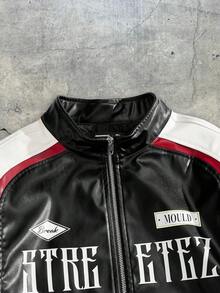 AXEPEAK Men's Loose Stand Collar Street Style Long Sleeve Jacket, Race Car Going Out Vintage Black Letter Long Sleeve Color Block Racing Lightweight Jacket, For Friends, Husband, Boyfriend Gifts, For Fall Winter - Black - View 3