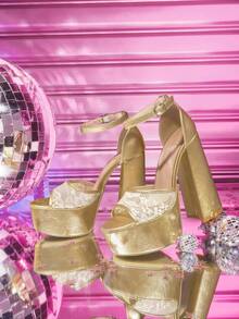 CUCCOO LuxiPop 女士户外圆头粗高跟防水厚底鞋，金色刺绣装饰，金色网眼材质，时尚优雅舒适日常聚会宴会凉鞋，带扣带 - 金色 - 查看 3