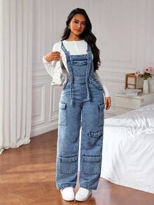 SHEIN PETITE Peto vaquero casual lavado para mujer - Azul - Ver 4