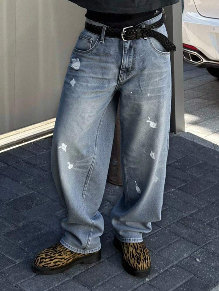 Distressed Graffiti Design Men's Jeans, Casual Street Style, Autumn
