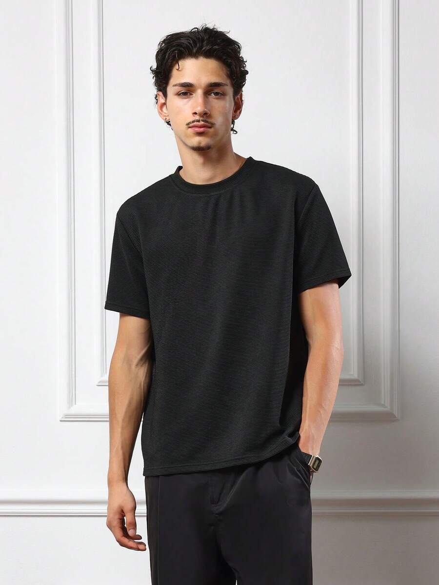 SUMWON Textured Ribbed Slim Fit Crew Neck Short Sleeve T-Shirt Casual Summer Lightweight Basic Minimalist Urban Street Style Plain - Black - View 1