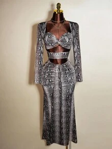 Mistrie 2 件套：时尚性感蛇皮印花镂空短款上衣和超长裙 - 彩色 - 查看 4