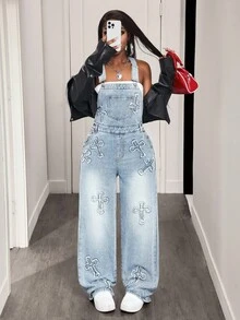 Slaydiva Women's Cross Applique Denim Bib Jumpsuit - Blue - View 1