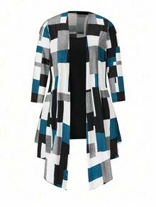 EMERY ROSE 3pcs Plus Size Women Casual Patchwork Print Belted Jacket, Camisole And Leggings Set, Spring/Autumn - Multicolor - View 3