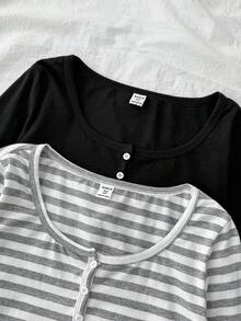 SHEIN 2 件棉质条纹半拉链圆领修身长袖 T 恤，适合青少年、冬季、Y2K 和街头服饰 - 彩色 - 查看 4